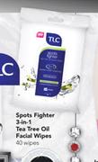 TLC Spots Fighter 3-in-1 Tea Tree Oil Facial Wipes-40 Wipes