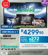Hisense 40" FHD LED TV 40K20