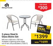 Design House 3 Piece Steel & Glass Bistro Set             
