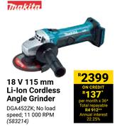 Makita 18V 115mm Li-Ion Cordless Angle Grinder 583214