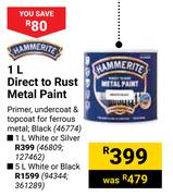 Hammerite 1L Direct To Rust Metal Paint (White Or Silver)