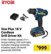 Ryobi One Plus 18V Cordless Drill Driver Kit D180