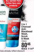 Garnier Pure Active 3 In 1 Charcoal Anti Blackhead Wash, Scrub & Mask-150ml