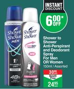 Shower To Shower Anti Perspirant & Deodorant Spray For Men Or Women Assorted-150ml Each
