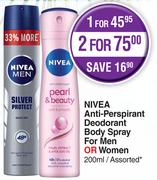 Nivea Anti Perspirant Deodorant Body Spray For Men Or Women AssortedFor 2 x -200ml