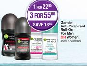 Garnier Anti Perspirant Roll On For Men Or Women Assorted-For 3 x 50ml
