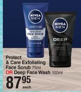 Nivea Men Protect & Care Exfoliating Face Scrub 75ml Or Deep Face Wash 100ml-Each