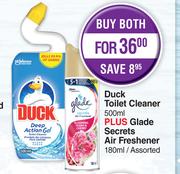 Duck Toilet Cleaner 500ml Plus Glade Secrets Air Freshener 180ml Assorted-Both For