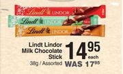 Lindt Lindor Milk Chocolate Stick Assorted-38g Each
