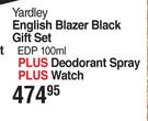 Yardley English Blazer Black Gift Set EDP 100ml Plus Deodorant Spray Plus Watch
