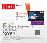 Microsoft Office 365 Personal 1 Year Subscription 1 User Bitdefender IS 1 User Scratch Card for HDD 