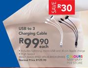 USB To 3 Charging Cable-Each