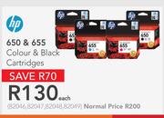 HP 650 And 655 Colour & Black Cartridges-Each