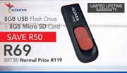 Adata 8GB USB Flash Drive+ 8GB Micro SD Card
