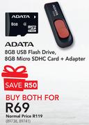 Adata 8GB USB Flash Drive, 8GB Micro SDHC Card+ Adapter