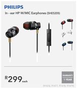 Philips In-Ear HP W/MIC Earphones(SHE5205)-Each
