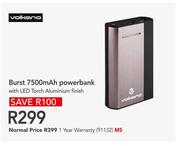 Volkano Burst 7500mAh Powerbank with LED Torch Aluminium Finish