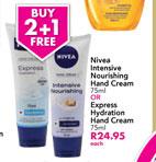 Nivea Intensive Nourishing Hand Cream-75ml Or Express Hydration Hand Cream-75ml Each