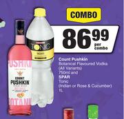 Count Pushkin Botanical Flavoured Vodka 750ml & Spar Tonic (Indian Or Rose & Cucumber) 1L-Per Combo