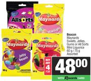 Beacon Maynards Sweets, Jellies, Gums Or All Sorts Mini Liquorice Assorted-For Any 4 x 60g/75g