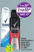 Shield Anti Perspirant Deodorant Body Spray For Women Or Men Assorted-For 2 x 150ml