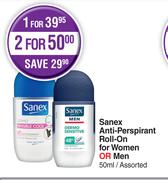 Sanex Anti Perspirant Roll On For Women Or Men Assorted-For 2 x 50ml