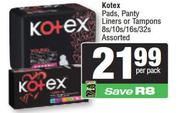 Kotex Pads,Panty Liners Or Tampons Assorted-8s/10s/16s/32s Per Pack