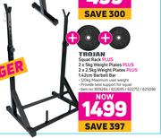 Trojan Squat Rack Plus 2 x 5kg Weight Plates Plus 2 x 2.5Kg Weight Plates & 1.42 Barbell Bar
