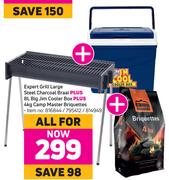 Expert Grill Large Steel Charcoal Braai, 8Ltr Big Jim Cooler Bos & 4Kg Camp Master Briquette-For All