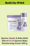 Epi-Max Junior & Baby Bath 250ml Plus Epi Max Baby Moisturising Cream 400g-Both For