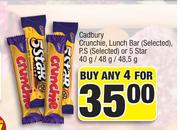 Cadbury Crunchie, Lunch Bar (Selected), P.S (Selected) Or 5 Star-4x40g/ 48g/ 48.5g