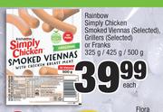 Rainbow Simply Chicken Smoked Viennas Grillers Or Franks-325g/ 425g/ 500g Each