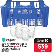 Regent 30 x Hi-Ball Glasses In Blue Crate Plus 6 Free Shooter Glasses-30's