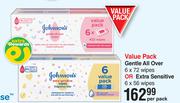 Johnson's Value Pack Gentle All Over 6 x 72 Wipes Or Extra Sensitive 6 x 56 Wipes-Per Pack