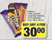 Cadbury 5Star, Crunchie Lunch Bar(Selected) Or P.s(Selected)-For Any 4 x 40g/48g/48.5g