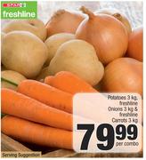 Potatoes 3Kg, Freshline Onions 3Kg & Freshline Carrots 3Kg-Per Combo