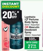 Lentheric I Love Perfume Body Spray 90ml Or Masculin Deodorant Spray 150ml-Each