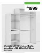 Wardrobe With 1 Drawer & 2 Rails, Extendable w120-209 x d40 x h180cm 81493603