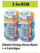 Gillette Simply Venus Razor + 4 Cartridges-For 2