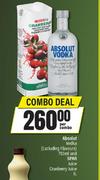 Absolut Vodka (Excluding Flavours) 750ml & Spar Juice Cranberry Juice 1L-Per Combo