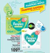 Pampers Value Pack Baby Wipes Complete Clean 4 x 64 Wipes Or Sensitive 4 x 56 Wipes-Per Pack