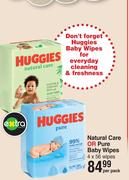 Huggies Natural Care Or Pure Baby Wipes 4 x 56 Wipes-Per Pack