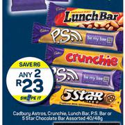 Cadbury Astros, Crunchie, Lunch Bar, P.S.Bar Or 5 Star Chocolate Bar Assorted-Any 2 x 40/48g