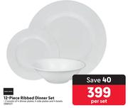 Basic White 12 Piece Ribbed Dinner Set - Per Set