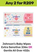 Johnson's Baby Wipes Extra Sensitive 336s Or Gentle All Over 432s-For Any 2