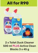 2 x Toilet Duck Cleaner 500ml Plus Active Clean Blocks 3 x 45g-All For