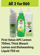 First Value APC Lemon 750ml, Thick Bleach Lemon & Dishwashing Liquid 750ml-For All 3