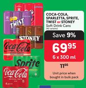 Coca-Cola, Sparletta, Sprite, Twist Or Stoney Soft Drink Cans (All Variants)-6 x 300ml