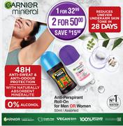 Garnier Anti Perspirant Roll On For Men Or Women Assorted-50ml