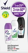 Shield Anti Perspirant Roll On For Women Or Men Assorted-For 3 x 50ml